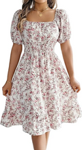 Women's Summer Dress Puff Short Sleeve Smocked Square Neck Casual Dresses Pleated High Waist Boho Floral Flowy Swing A-Line Midi Dress