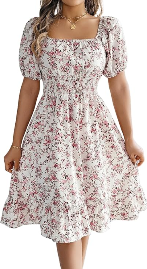 Women's Summer Dress Puff Short Sleeve Smocked Square Neck Casual Dresses Pleated High Waist Boho Floral Flowy Swing A-Line Midi Dress